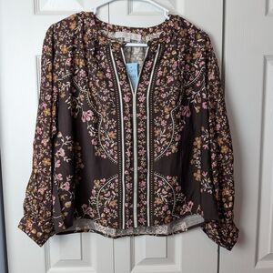LOFT Dark Floral Blouse with Pink and Tan Accents